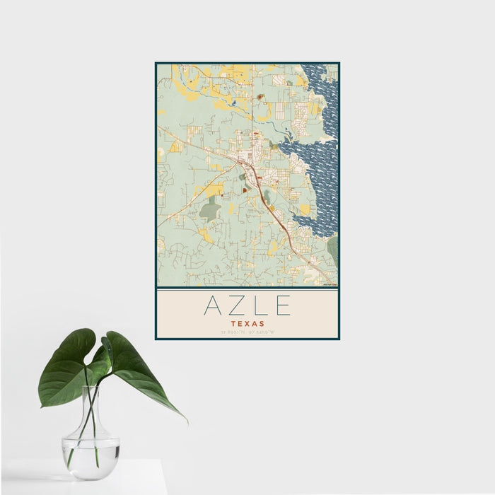 16x24 Azle Texas Map Print Portrait Orientation in Woodblock Style With Tropical Plant Leaves in Water