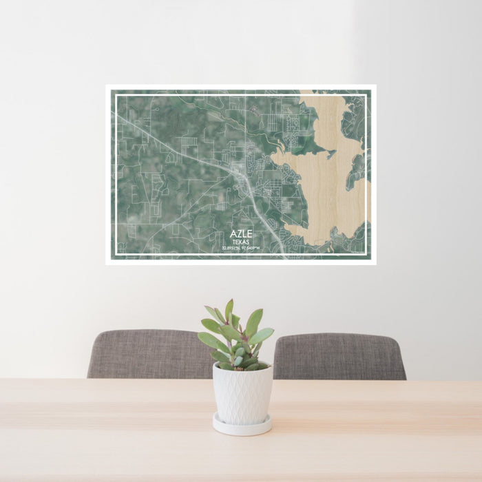 24x36 Azle Texas Map Print Lanscape Orientation in Afternoon Style Behind 2 Chairs Table and Potted Plant