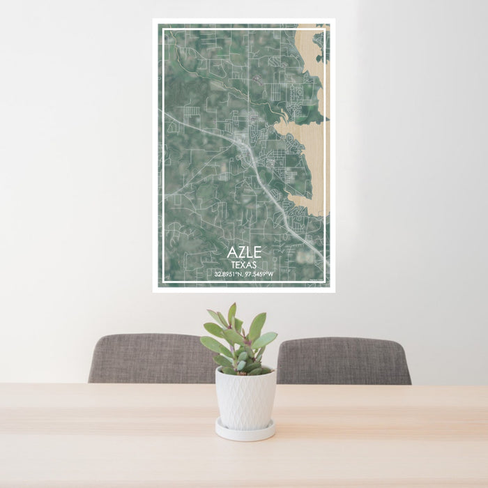 24x36 Azle Texas Map Print Portrait Orientation in Afternoon Style Behind 2 Chairs Table and Potted Plant