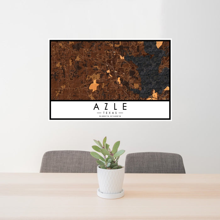 24x36 Azle Texas Map Print Lanscape Orientation in Ember Style Behind 2 Chairs Table and Potted Plant
