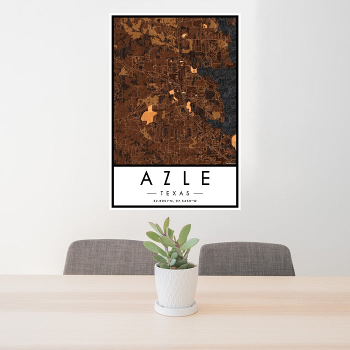 24x36 Azle Texas Map Print Portrait Orientation in Ember Style Behind 2 Chairs Table and Potted Plant