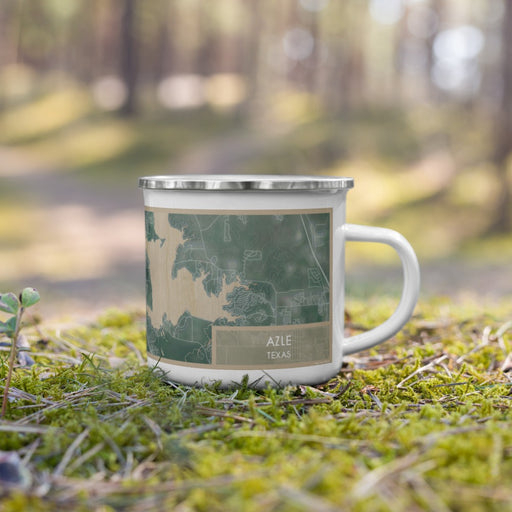 Right View Custom Azle Texas Map Enamel Mug in Afternoon on Grass With Trees in Background