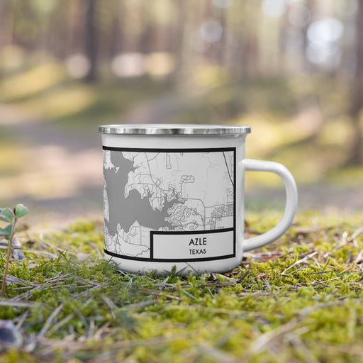 Right View Custom Azle Texas Map Enamel Mug in Classic on Grass With Trees in Background
