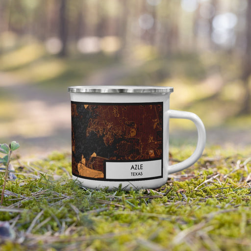 Right View Custom Azle Texas Map Enamel Mug in Ember on Grass With Trees in Background