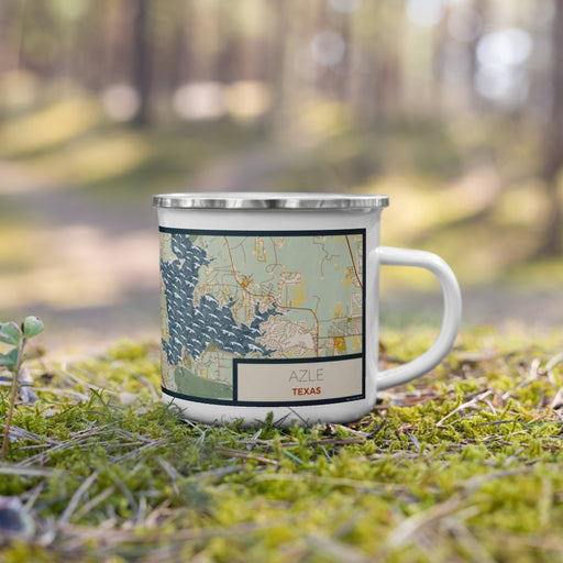 Right View Custom Azle Texas Map Enamel Mug in Woodblock on Grass With Trees in Background