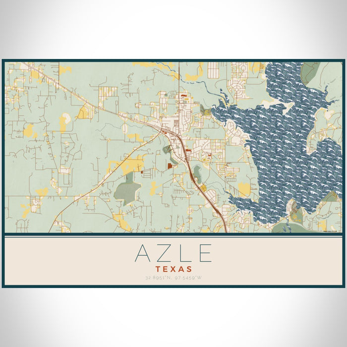 Azle Texas Map Print Landscape Orientation in Woodblock Style With Shaded Background