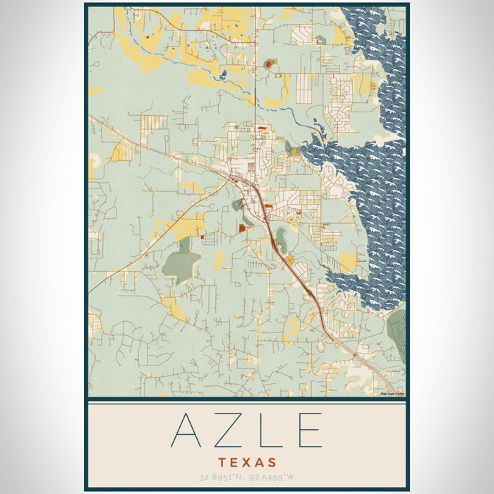 Azle Texas Map Print Portrait Orientation in Woodblock Style With Shaded Background