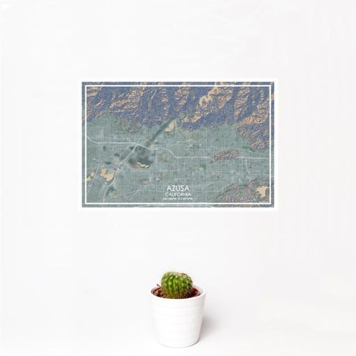 12x18 Azusa California Map Print Landscape Orientation in Afternoon Style With Small Cactus Plant in White Planter