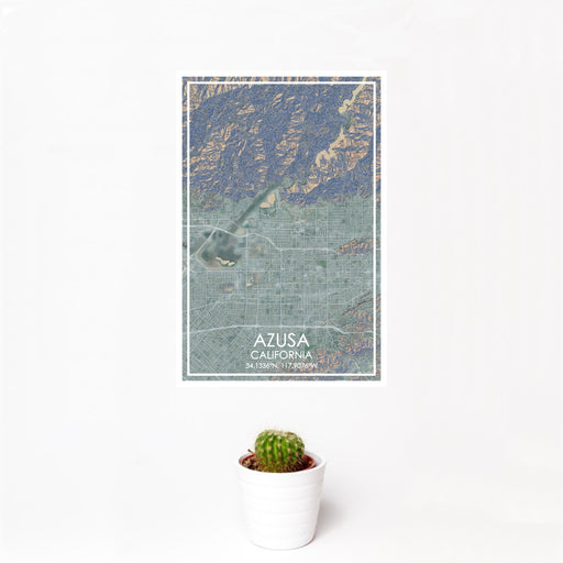 12x18 Azusa California Map Print Portrait Orientation in Afternoon Style With Small Cactus Plant in White Planter