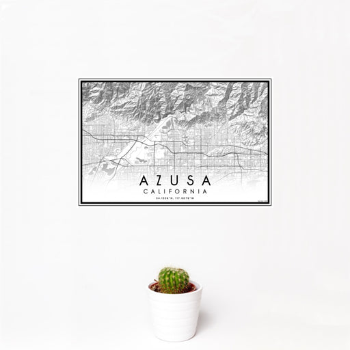 12x18 Azusa California Map Print Landscape Orientation in Classic Style With Small Cactus Plant in White Planter