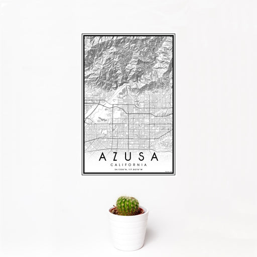 12x18 Azusa California Map Print Portrait Orientation in Classic Style With Small Cactus Plant in White Planter