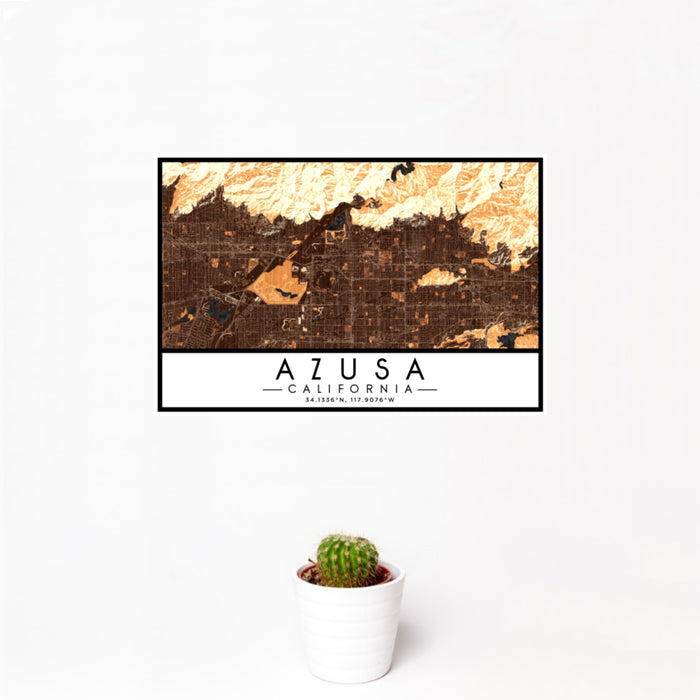 12x18 Azusa California Map Print Landscape Orientation in Ember Style With Small Cactus Plant in White Planter