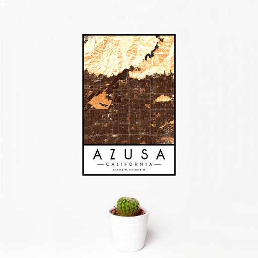 12x18 Azusa California Map Print Portrait Orientation in Ember Style With Small Cactus Plant in White Planter