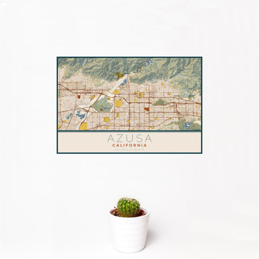 12x18 Azusa California Map Print Landscape Orientation in Woodblock Style With Small Cactus Plant in White Planter