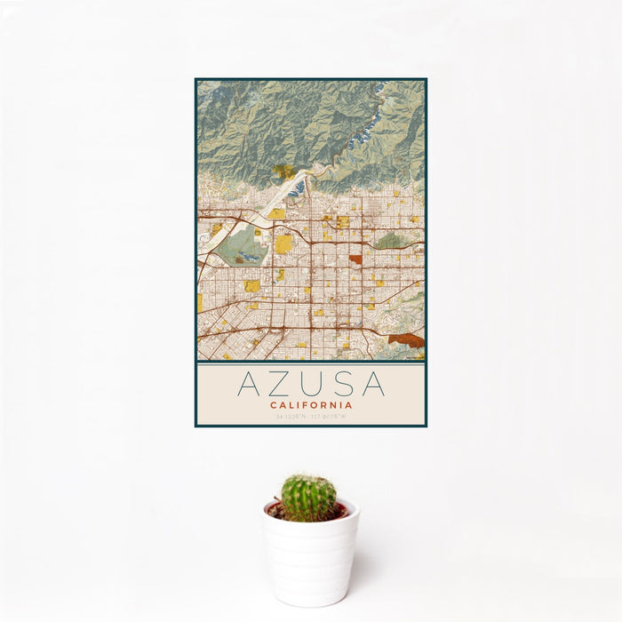 12x18 Azusa California Map Print Portrait Orientation in Woodblock Style With Small Cactus Plant in White Planter