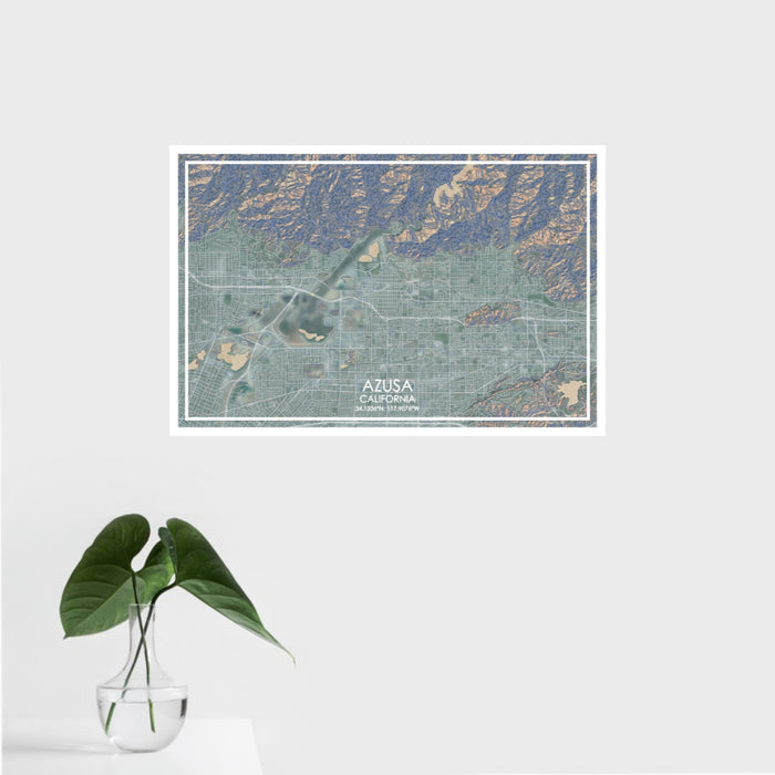 16x24 Azusa California Map Print Landscape Orientation in Afternoon Style With Tropical Plant Leaves in Water