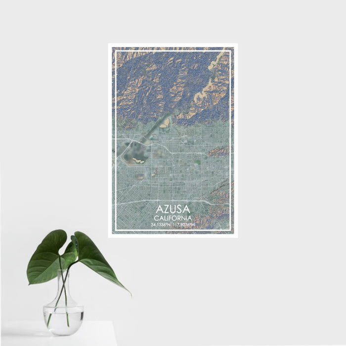 16x24 Azusa California Map Print Portrait Orientation in Afternoon Style With Tropical Plant Leaves in Water