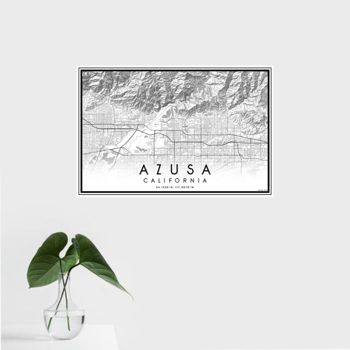 16x24 Azusa California Map Print Landscape Orientation in Classic Style With Tropical Plant Leaves in Water