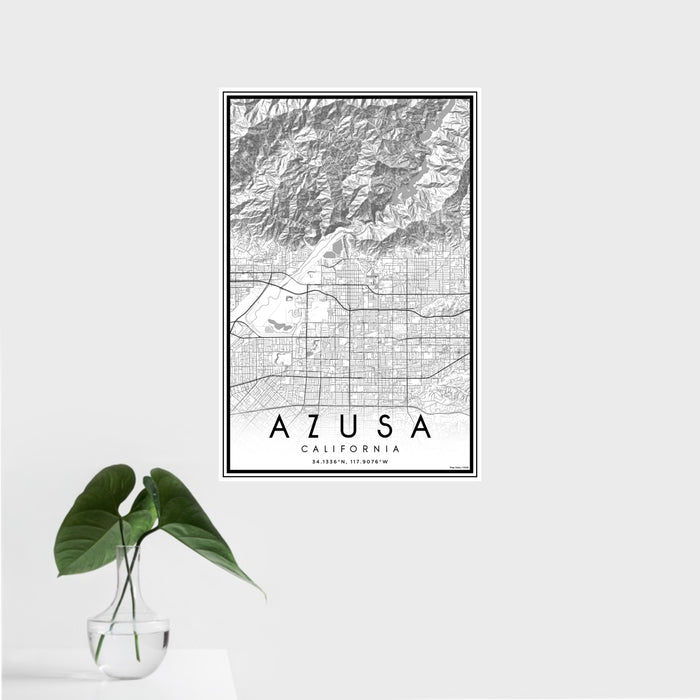 16x24 Azusa California Map Print Portrait Orientation in Classic Style With Tropical Plant Leaves in Water