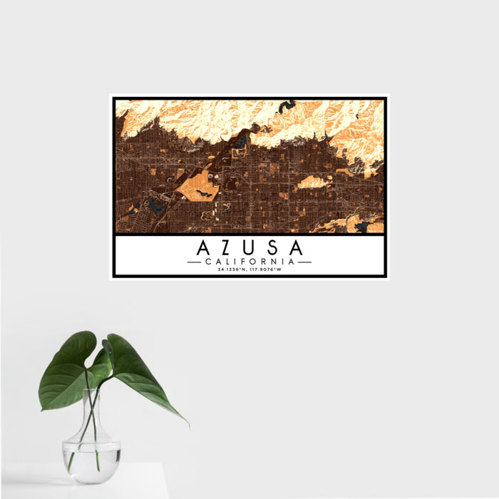 16x24 Azusa California Map Print Landscape Orientation in Ember Style With Tropical Plant Leaves in Water