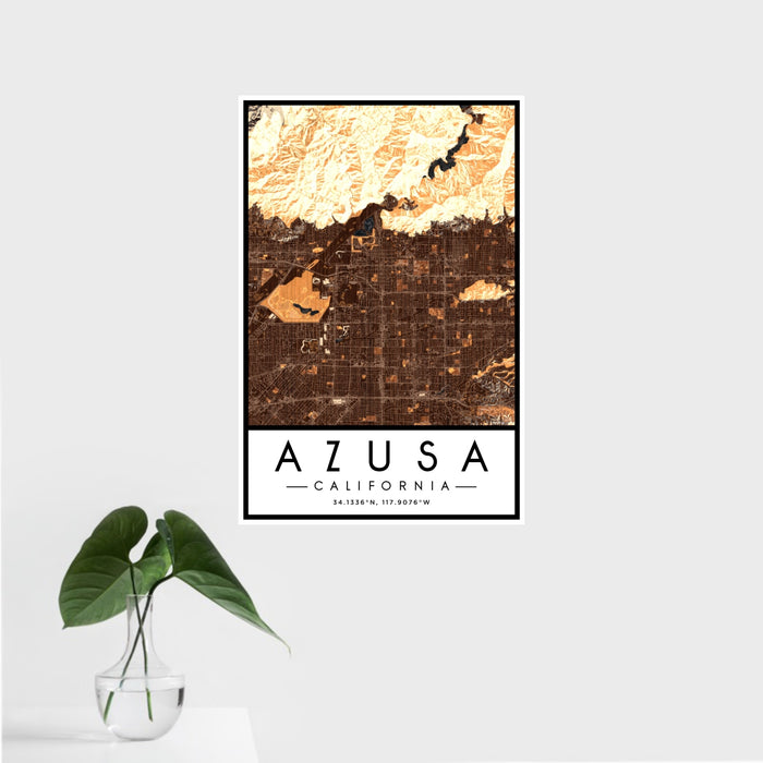 16x24 Azusa California Map Print Portrait Orientation in Ember Style With Tropical Plant Leaves in Water