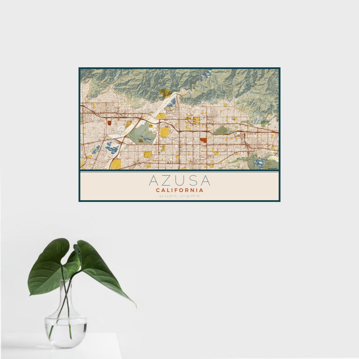 16x24 Azusa California Map Print Landscape Orientation in Woodblock Style With Tropical Plant Leaves in Water