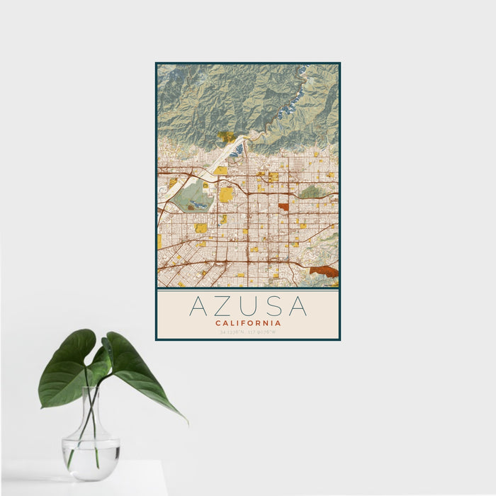 16x24 Azusa California Map Print Portrait Orientation in Woodblock Style With Tropical Plant Leaves in Water
