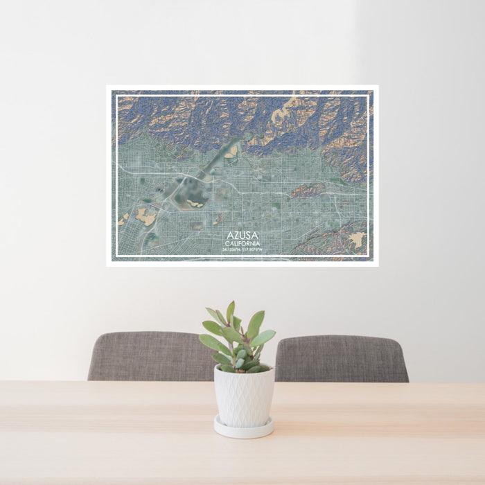 24x36 Azusa California Map Print Lanscape Orientation in Afternoon Style Behind 2 Chairs Table and Potted Plant