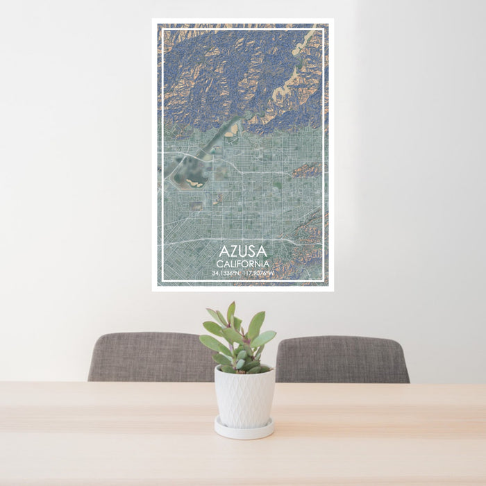 24x36 Azusa California Map Print Portrait Orientation in Afternoon Style Behind 2 Chairs Table and Potted Plant