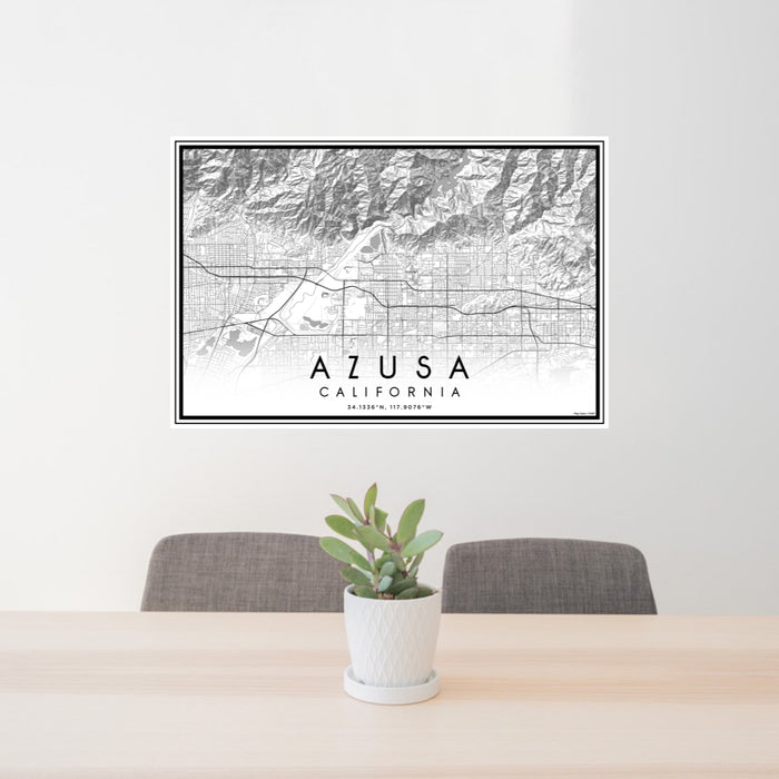 24x36 Azusa California Map Print Lanscape Orientation in Classic Style Behind 2 Chairs Table and Potted Plant