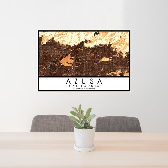 24x36 Azusa California Map Print Lanscape Orientation in Ember Style Behind 2 Chairs Table and Potted Plant