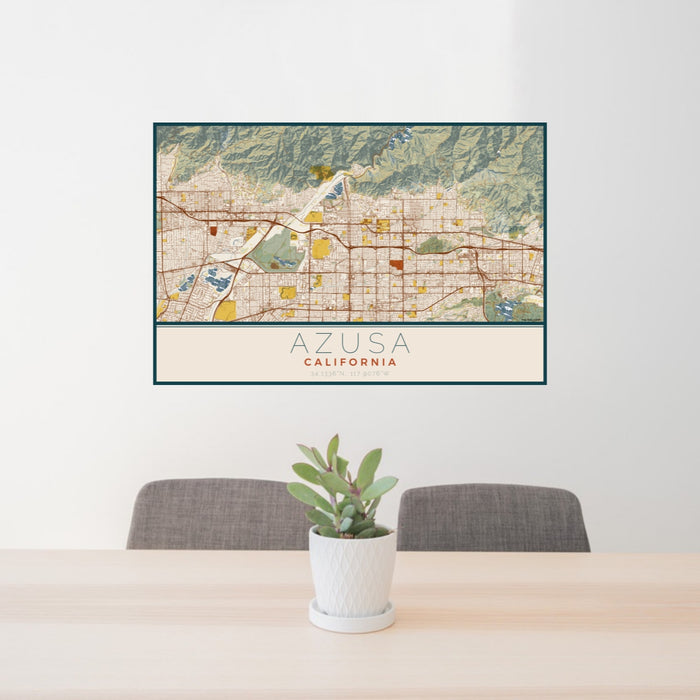 24x36 Azusa California Map Print Lanscape Orientation in Woodblock Style Behind 2 Chairs Table and Potted Plant
