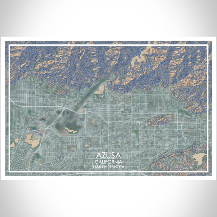 Azusa California Map Print Landscape Orientation in Afternoon Style With Shaded Background