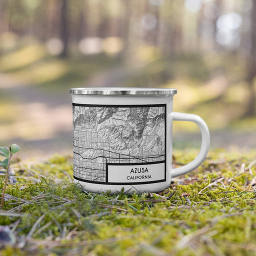 Right View Custom Azusa California Map Enamel Mug in Classic on Grass With Trees in Background