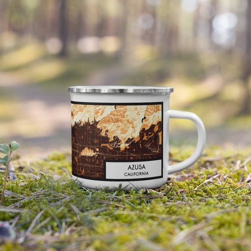 Right View Custom Azusa California Map Enamel Mug in Ember on Grass With Trees in Background