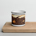 Front View Custom Azusa California Map Enamel Mug in Ember on Cutting Board