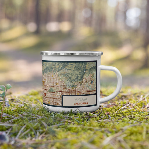 Right View Custom Azusa California Map Enamel Mug in Woodblock on Grass With Trees in Background
