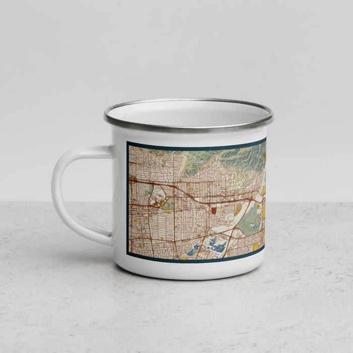 Left View Custom Azusa California Map Enamel Mug in Woodblock