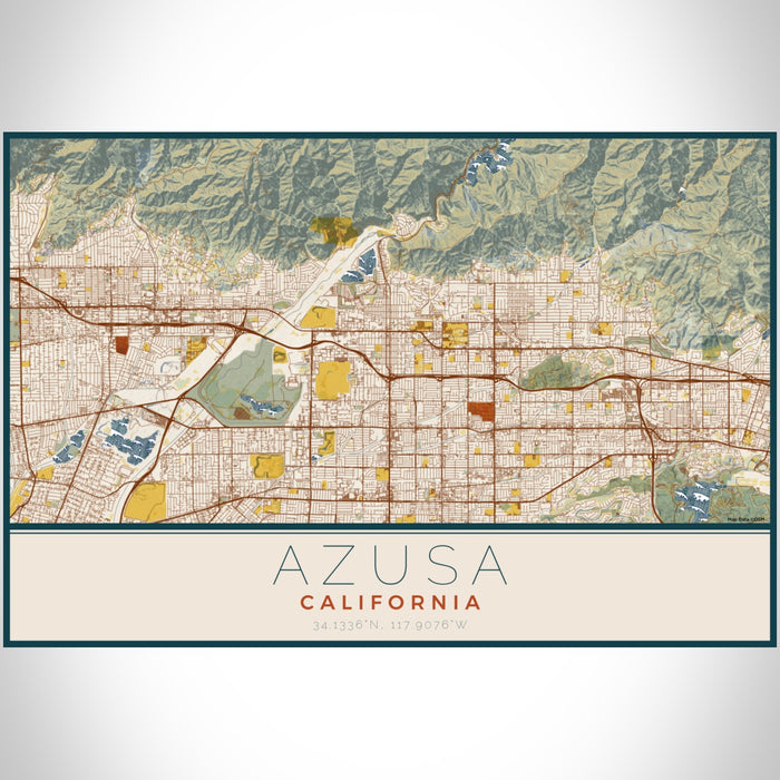 Azusa California Map Print Landscape Orientation in Woodblock Style With Shaded Background