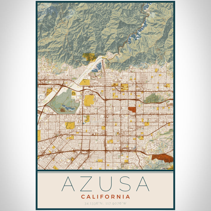 Azusa California Map Print Portrait Orientation in Woodblock Style With Shaded Background
