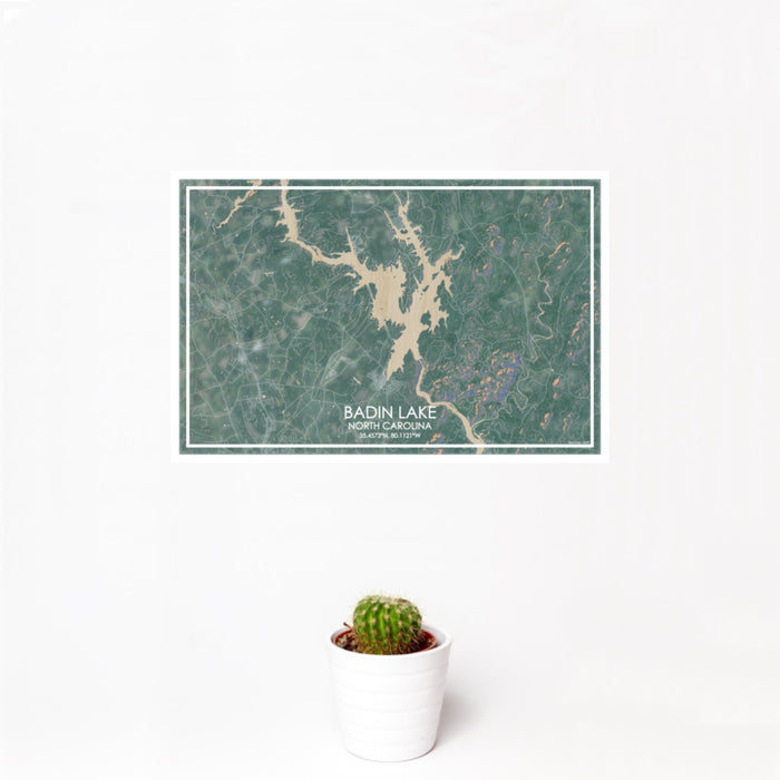 12x18 Badin Lake North Carolina Map Print Landscape Orientation in Afternoon Style With Small Cactus Plant in White Planter