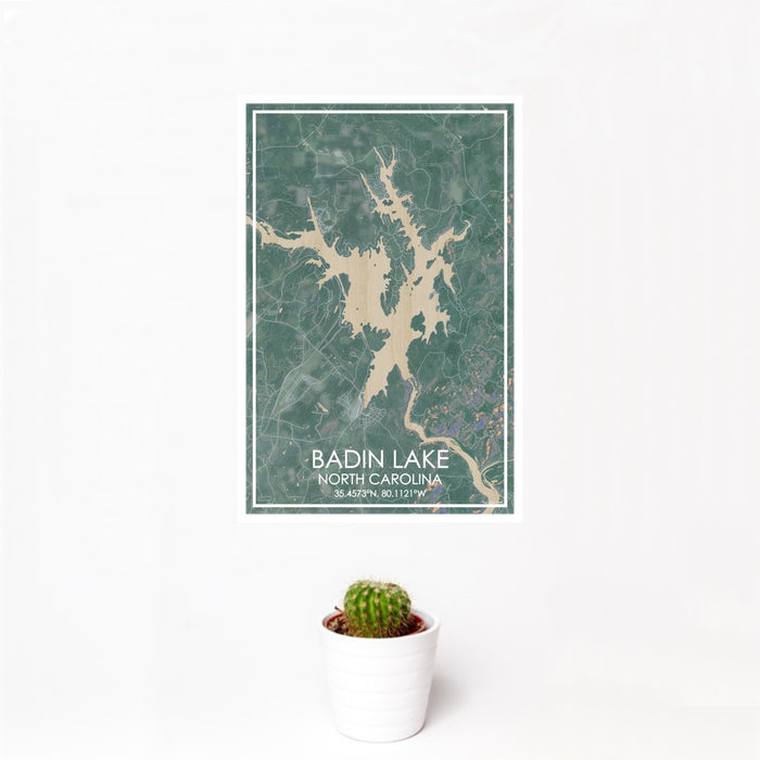 12x18 Badin Lake North Carolina Map Print Portrait Orientation in Afternoon Style With Small Cactus Plant in White Planter