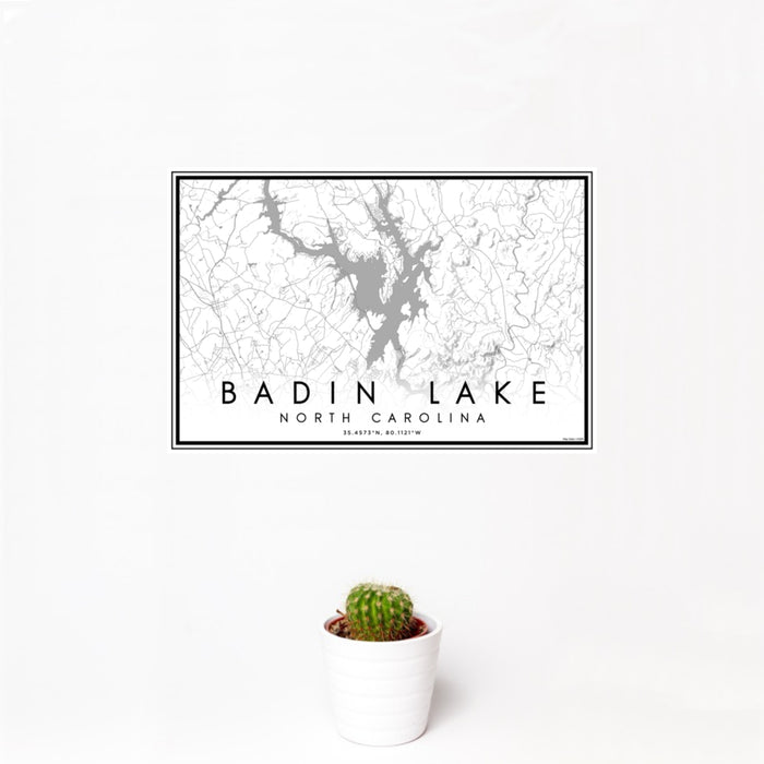 12x18 Badin Lake North Carolina Map Print Landscape Orientation in Classic Style With Small Cactus Plant in White Planter