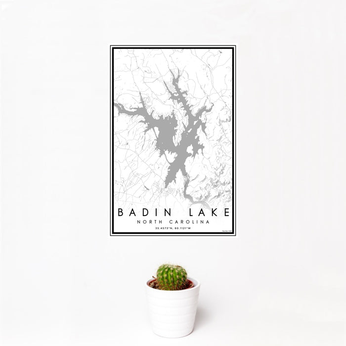 12x18 Badin Lake North Carolina Map Print Portrait Orientation in Classic Style With Small Cactus Plant in White Planter