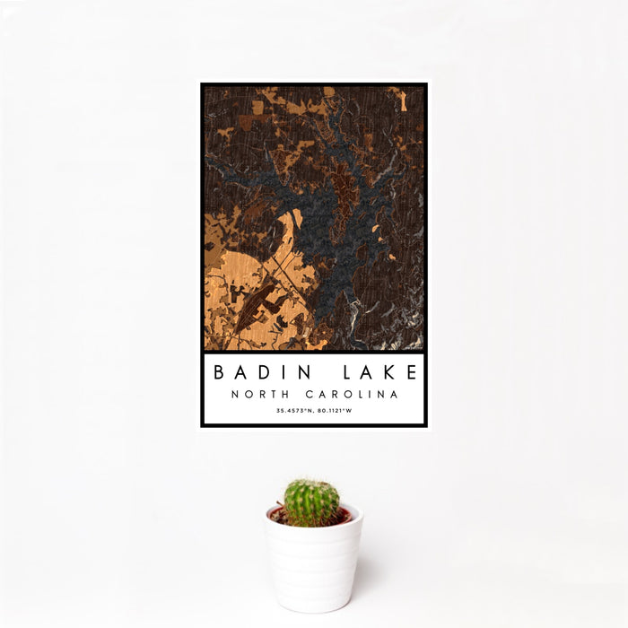 12x18 Badin Lake North Carolina Map Print Portrait Orientation in Ember Style With Small Cactus Plant in White Planter