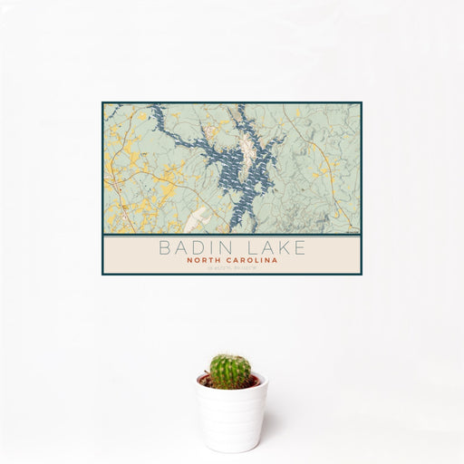 12x18 Badin Lake North Carolina Map Print Landscape Orientation in Woodblock Style With Small Cactus Plant in White Planter