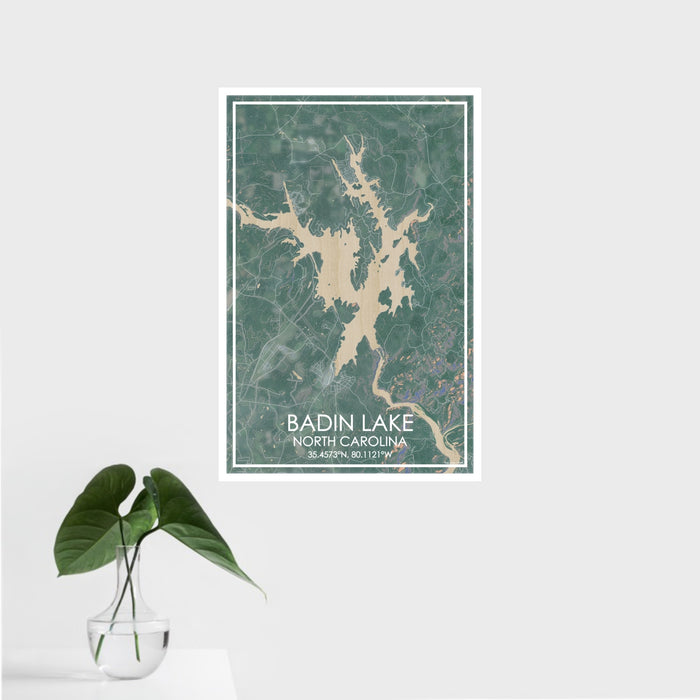 16x24 Badin Lake North Carolina Map Print Portrait Orientation in Afternoon Style With Tropical Plant Leaves in Water