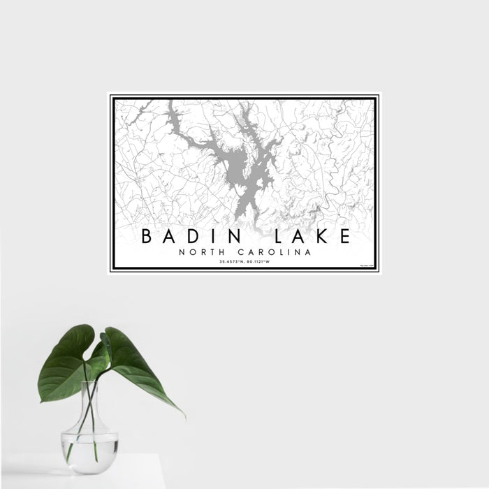 16x24 Badin Lake North Carolina Map Print Landscape Orientation in Classic Style With Tropical Plant Leaves in Water