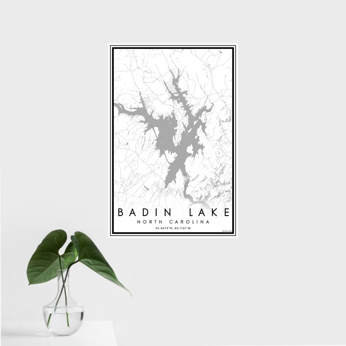 16x24 Badin Lake North Carolina Map Print Portrait Orientation in Classic Style With Tropical Plant Leaves in Water