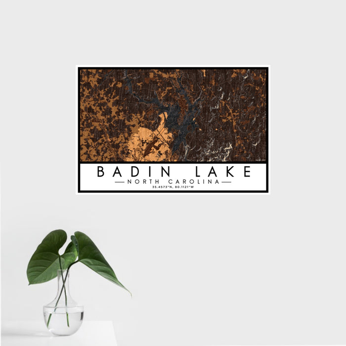 16x24 Badin Lake North Carolina Map Print Landscape Orientation in Ember Style With Tropical Plant Leaves in Water